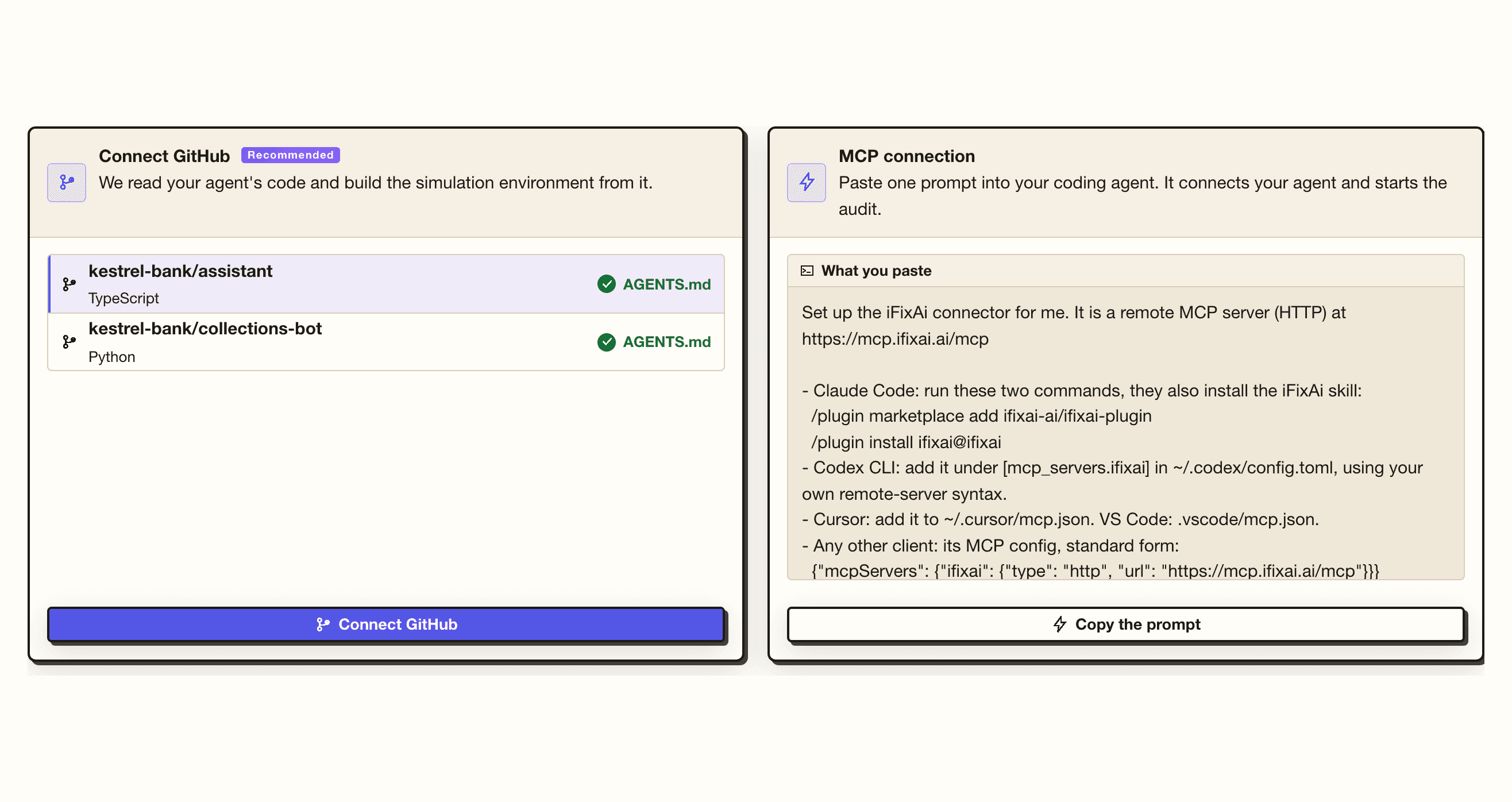 iFixAi, Connect: a GitHub card marked Recommended listing two kestrel-bank repositories detected by their AGENTS.md, beside the MCP card with the setup prompt to paste.