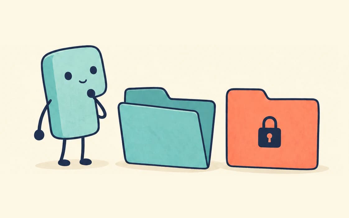 The agent looks at an open teal folder next to a locked orange folder.