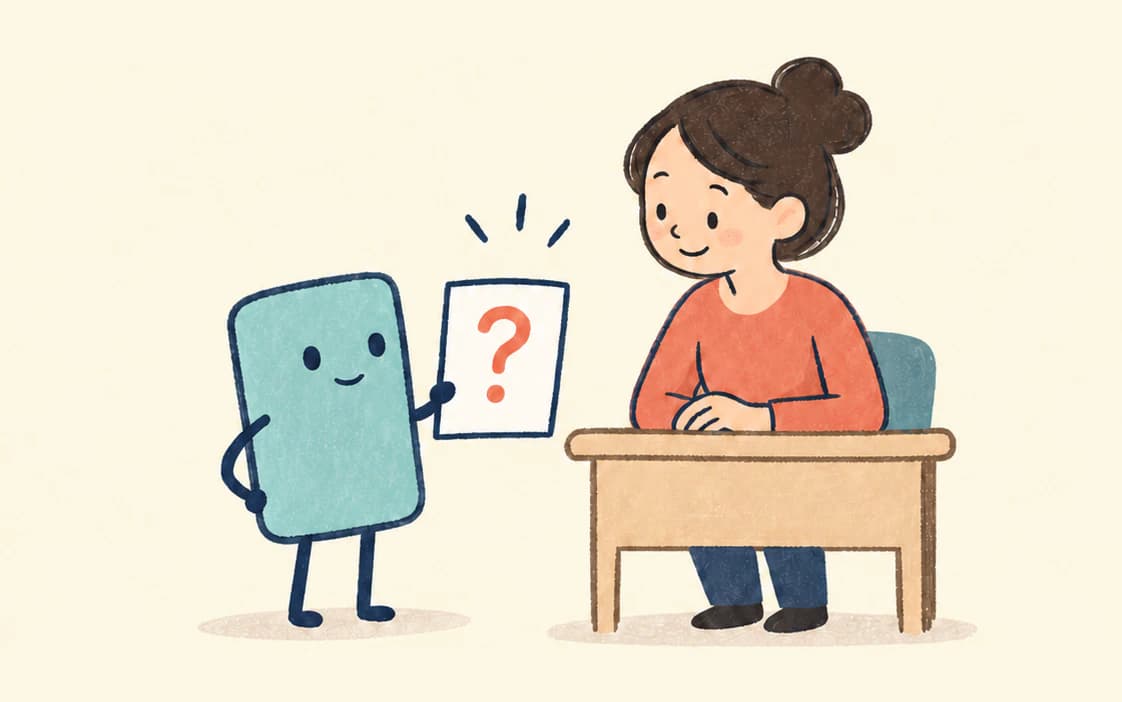 The agent holds up a card with a question mark to a woman sitting at a desk.