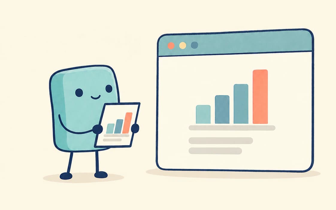 The cartoon agent holds a small bar chart beside a browser window showing a larger bar chart.
