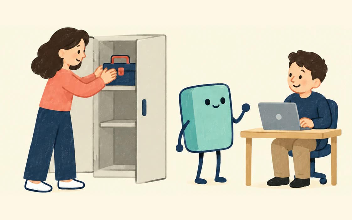 A woman puts a toolbox away in a cabinet while the agent waves to a man working at a laptop.