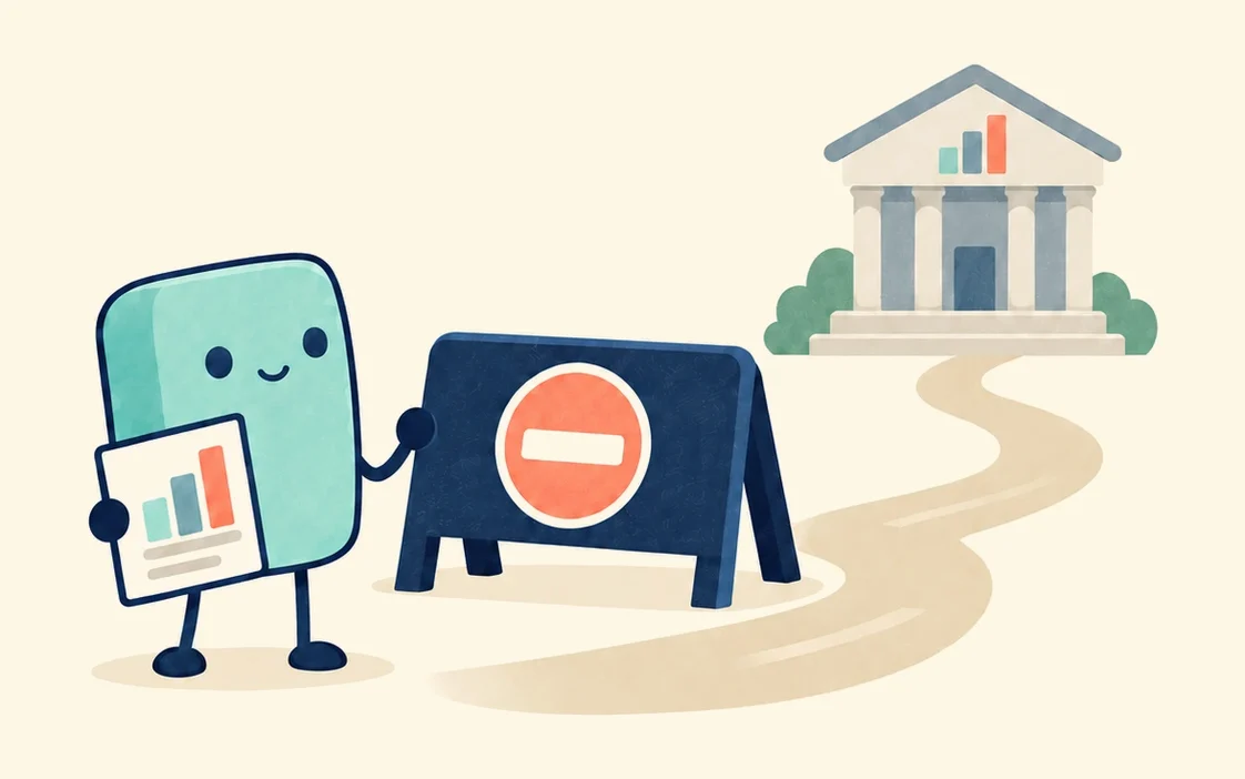 A cartoon AI agent holding a bar chart stands beside a no-entry barrier, while a winding path leads to a government building.