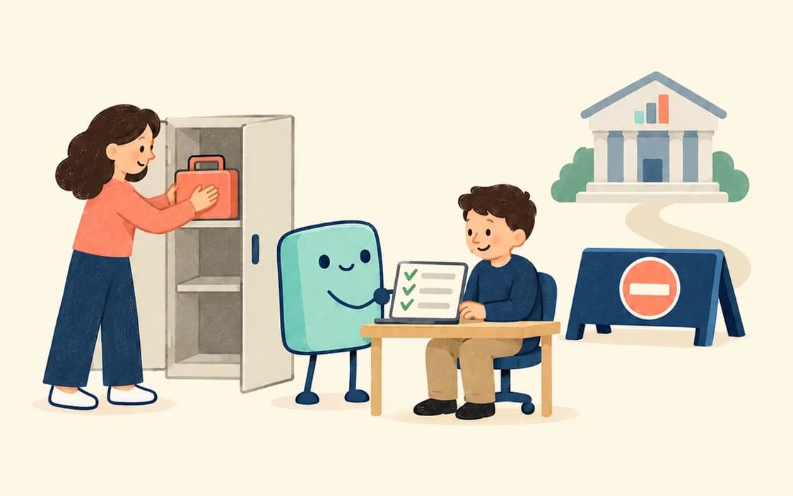 A woman puts a toolbox away in a cabinet while the agent shows a man at a laptop a ticked checklist, with the barrier behind them.